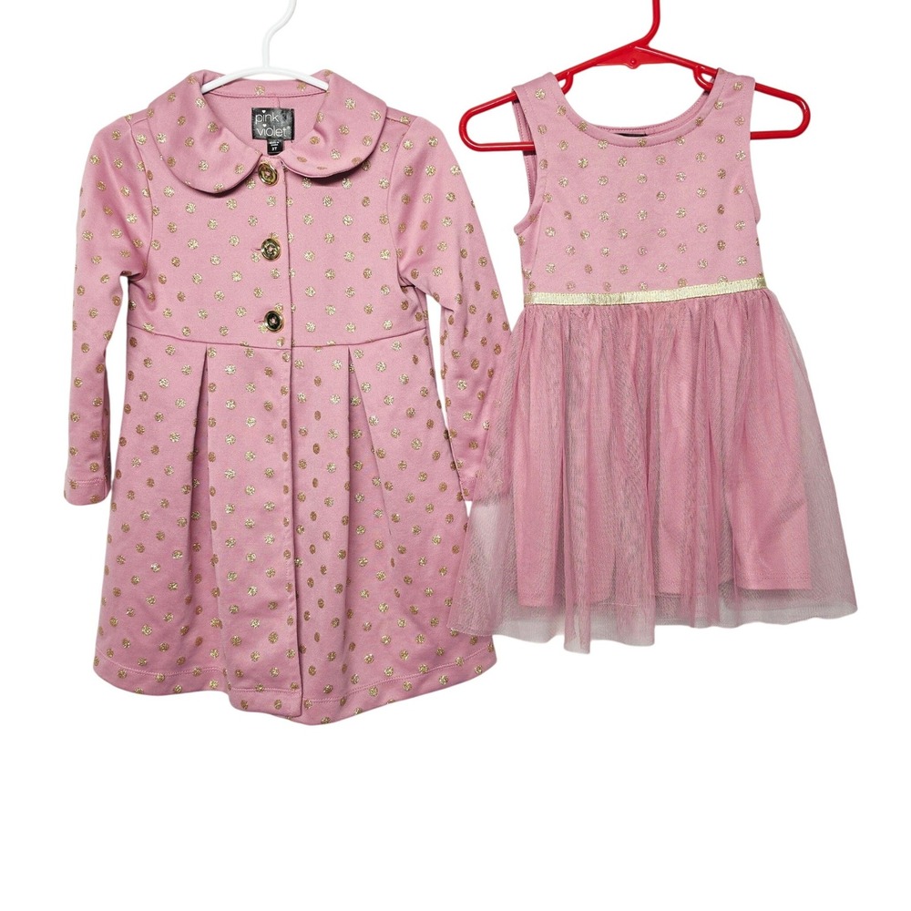Pink & Violet Dress and Coat Set Kids 3T Pink Gold Glitter Polka Dot Tulle